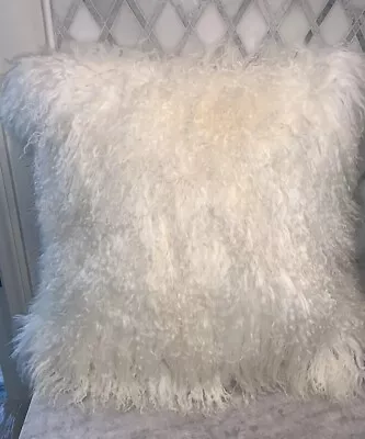 NEW ZGallerie Cream Off White Mongolian Fur Throw Pillow 22”Sq Rtl$170 Current • $119.99