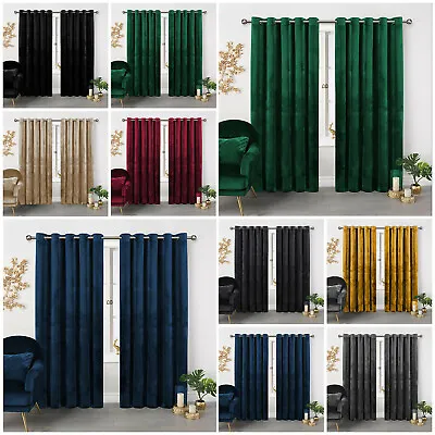 Heavy Thick Crushed Velvet Curtains Pair Eyelet Ring Top Fully Lined Ready Made • £39.99
