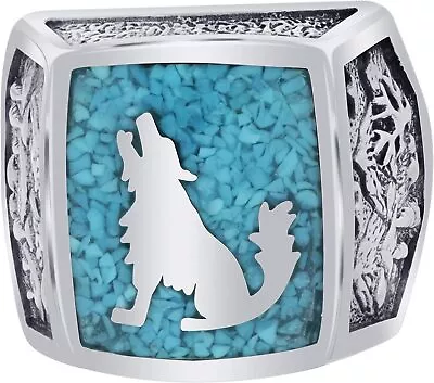 Men's Southwest Turquoise Zircon Inlaid How Call Wolf Silver Ring Size 12 • $0.01