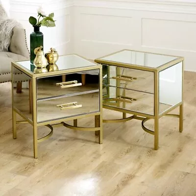 Pair Gold Mirrored Bedside Table Occasional Tables Bedroom Living Room Furniture • £302.95