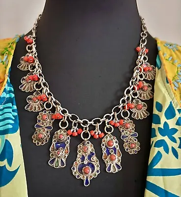Kabyle Enameled Berber Tuareg Pendant Charms & Old Orange Coral Beads  • $249.05