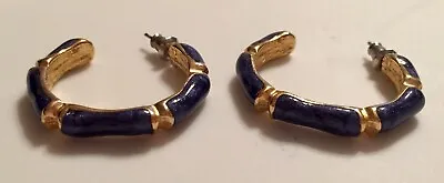Vintage 1980’s Gold Tone & Royal Blue Enamel Bamboo Look Open Hoop Earrings • $18