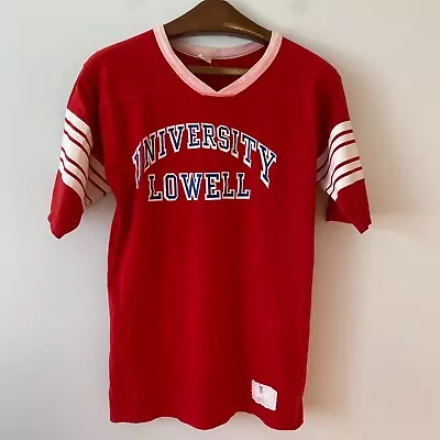 Vintage 70s 80s University Lowell Shirt Red White Medium V-Neck Velva Sheen • $89