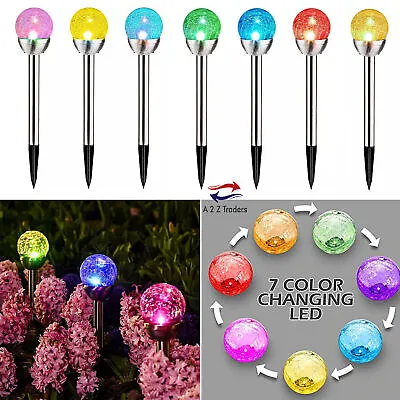 Solar Powered 7 Colour Changing Led Globe Crackle Glass Ball Garden Stake Lights • £18.96