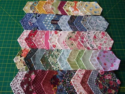 50 Cotton Fabric Hexagons Tacked Onto Paper Templates For Use In Patchwork-new • £5