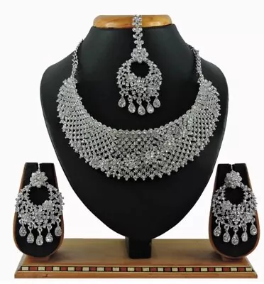 Indian Wedding Silver Plated Bridal Jewelry Choker Diamond Necklace Earring Set  • $43.99