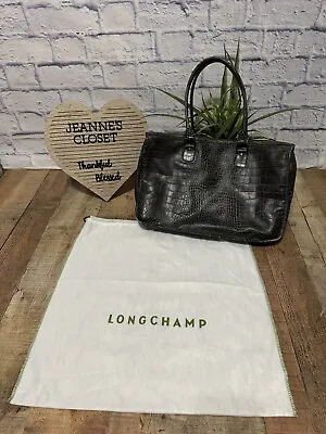 Longchamp Gray Croc Embossed Leather Shoulder Bag Vintage Zip Top • $249.99