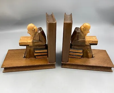 Vintage Hand Carved Wooden Monk Figures Reading  Bookends • $21.50