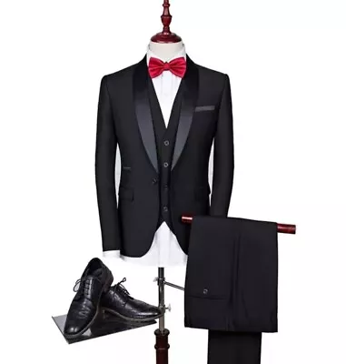 Men 3 Piece Black Suit Blazer Formal Wedding Business Prom Outfit Size 2XL • £59.99