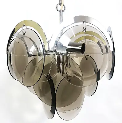 Vintage Vistosi Smokey Glass & Chrome Ceiling Lamp Light Mid Century Modern • $1058.71
