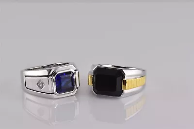 2 - Sterling Silver Blue Sapphire Black Onyx Cubic Zirconia Ring 925 Sz: 10.5 • $54.50