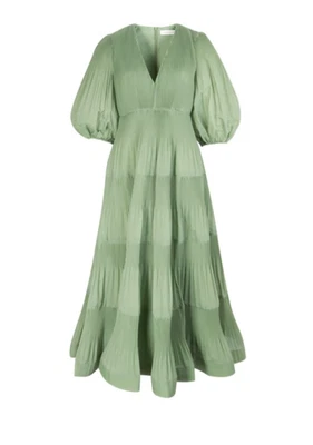 $400 • Buy Zimmermann Pleated Balloon Sleeve Tiered Mid Dress Green Size 0 / Au 8 / US 4