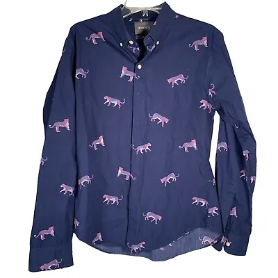 Bonobos Shirt Mens Medium Pink Tiger All Over Print AOP Standard Fit Button Blue • $12.90