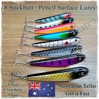 8 Fishing Lures Stick Bait Popper Topwater Hard Body Pencil Surface Fishing Lure • $14.95