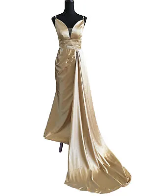 Gold Satin Mermaid Formal Dress V-Neck W/ Straps Gown Sweep Train High Slit 6-10 • $69.88