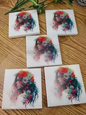 Marble Coasters Lady With Flowers In Hair Set Of 5 • $15