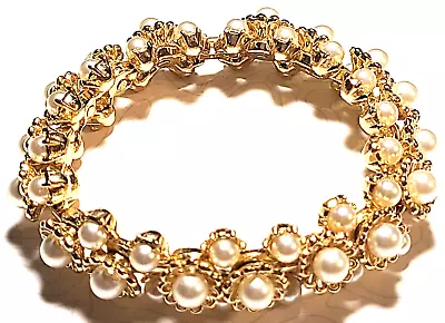 Vintage Stunning Gold Tone Faux Pearl Floral Bracelet~signed: Crown Trifari • $49.99