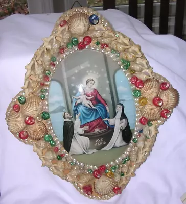 #AT Antique Vintage  SEASHELL ART PICTURE FRAME CATHOLIC RELIGIOUS AVE MARIA 12  • $35