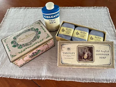 ANTIQUE TALC AND CANDY TINS And VINTAGE BOX OF  3 WRAPPED SOAPS • $24.50