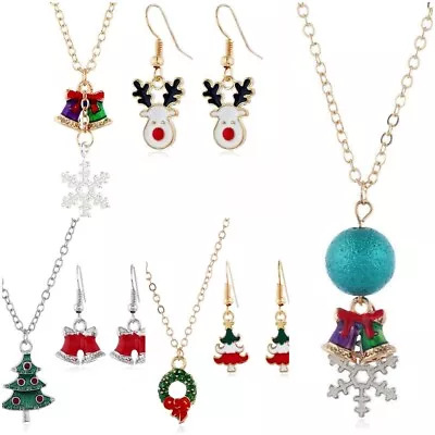 Christmas Festive Jewelry Snowflake Jingle Bell Reindeer Earrings Necklace Set • $15.20
