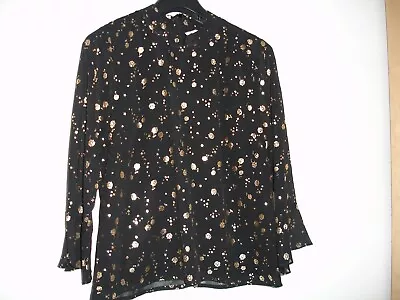 Yumi Long Sleeve Black Blouse With Gold Foil Floral Pattern And Mandarin Collar • £9.50