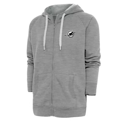 Men's Antigua Heather Grey Miami Dolphins Metallic Logo Zip Up Hoodie  • $45