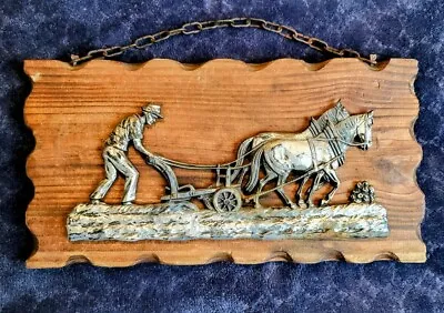 13.5  Vintage Metal HORSE DRAWN PLOW Engraving On Wood 3D Wall Plaque 2  Chain • $35