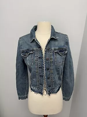 Sportsgirl Womens Denim Jacket Size 6 Distressed Logo Buttons Blue • $15