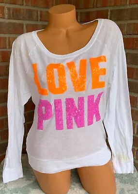 Victorias Secret Pink Long Sleeve T-Shirt White Pink Orange Sequins  Sz Small • $13.20