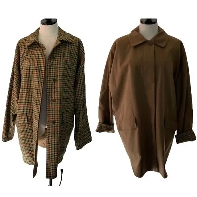 Old England Paris Vintage Womens Reversible Trench Coat Size 12 Tan Wool Plaid • $194.90