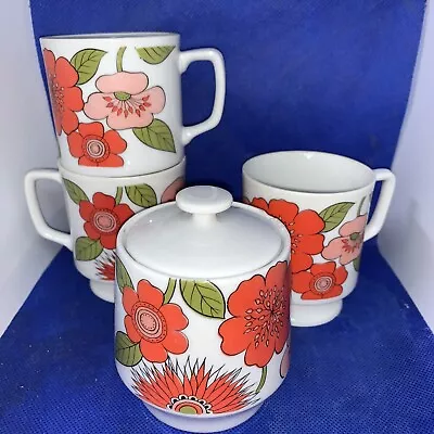 VINTAGE RETRO Porcelain Stackable Floral Mugs X 3 + Jam Pot • $20