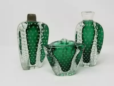 Set Of 3 Murano Art Glass Chunky Green Sommerso Bullicante Perfume Atomizer + 1 • $68.50