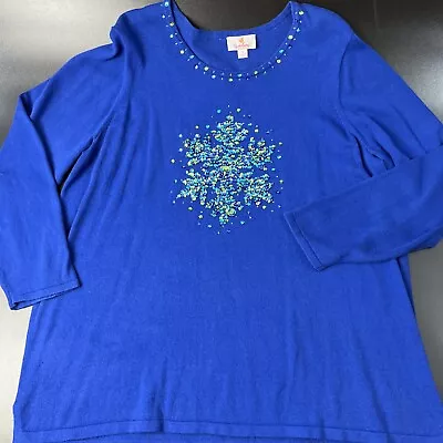 Quacker Factory Blue Snowflake Sequence Embellished Xmas Shirt 1X Plus Women • $15.99