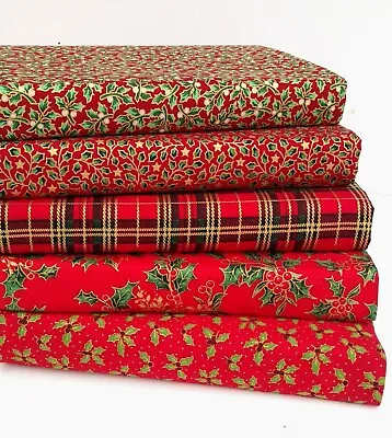 Christmas Holly & Tartan Fabric Remnants 5 Pce Bundle 100% Cotton Red Gold • £3.95