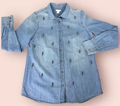 J Crew Women's Blue Jean Angel Jeweled Long Sleeve Denim Shirt Size 4 • $21.50