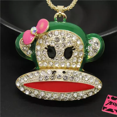 New Fashion Women Green Enamel Monkey Crystal Pendant Chain Jewelry Necklace • $3.95