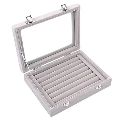 7 Slots Velvet Glass Ring Earrings Jewelry Box Display Case Deep Gray • $13.99