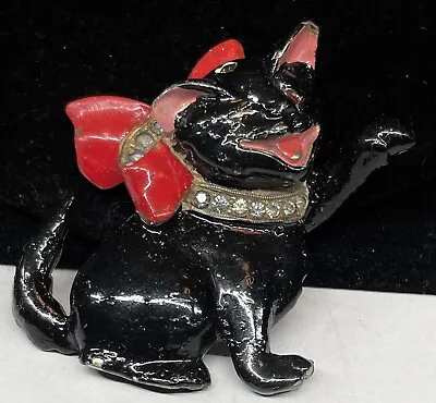 Reja Signed Brooch Rare Vintage Enamel Rhinestone Black Cat 2” Pin A20 • $185