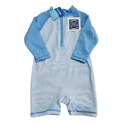 Infant Boy Swim Body Suit With Sun Protection Blue White Stripe UPF 50+ • $5.23