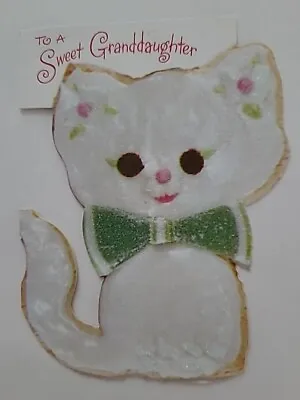 1964 Vtg GLITTER Cat KITTEN Sweet GRANDDAUGHTER Die Cut CHRISTMAS Greeting CARD • $4