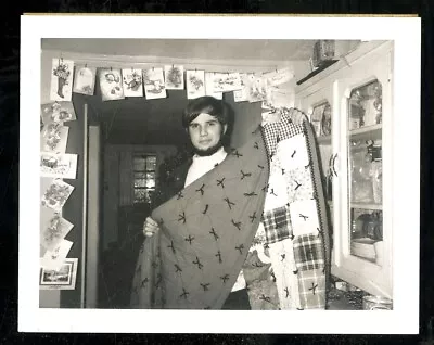 Vintage Polaroid Photo HANDSOME GUY HOLDS UP HAND MADE QUILT @ CHRISTMAS 1972 • $5.96