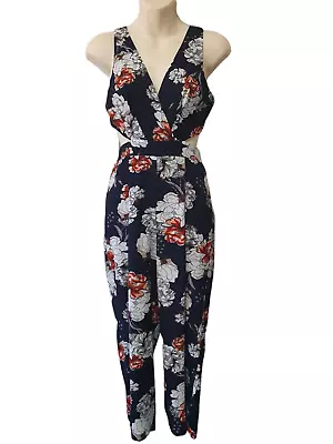 Rumor Boutique Blue Floral Tie Back Sleeveless Pants Jumpsuit Size 6 • $44