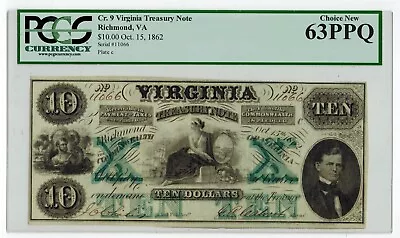 1862 Richmond VIRGINIA TREASURY NOTE $10 Watermark Paper 'TEN' PCGS63 PPQ • $225