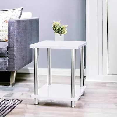 Small 2 Tier White Gloss Finish Side Table With Shelf Bedroom Coffee End Table • £18.99