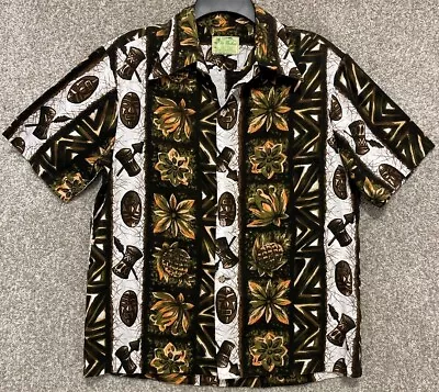 Vintage Ui Maikai Hawaiian Aloha Shirt Mens Size Large Floral Mask Drums Tiki • $89.99