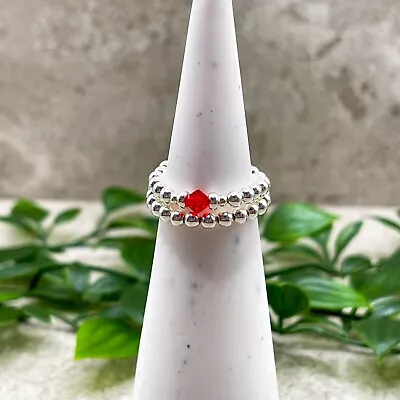 Sterling Silver July Birthstone Ring Ruby Red Stretch Beaded Stacking Set • $11.37
