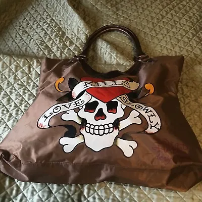 Ed Hardy LOVE KILLS SLOWLY Large Tote Brown Bronze Hand Bag Carry 18x14 • $9.99