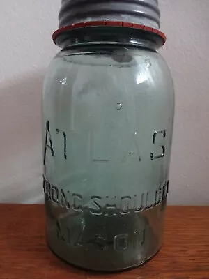 ATLAS STRONG SHOULDER MASON CANNING JAR Quart W/ZINC LID AQUA Mfg 1920-1940 • $10