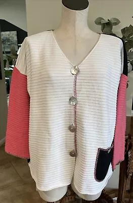 Margaret Winters Woman’s Large Cotton Color Block V-neck Cardigan Boxy Sweater F • $29.99