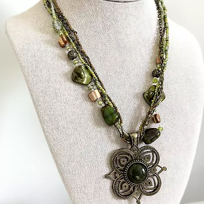 Ladies Green Mother Of Pearl Multicolor Glass Multi Strand Flower Necklace 19  • $24.99